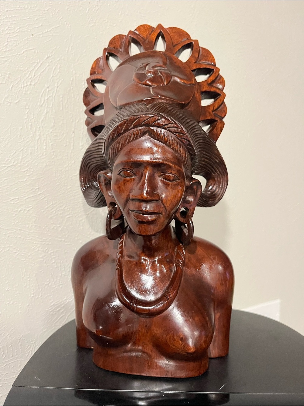 Hand-Carved Wooden Bust Sculpture in Rich Brown